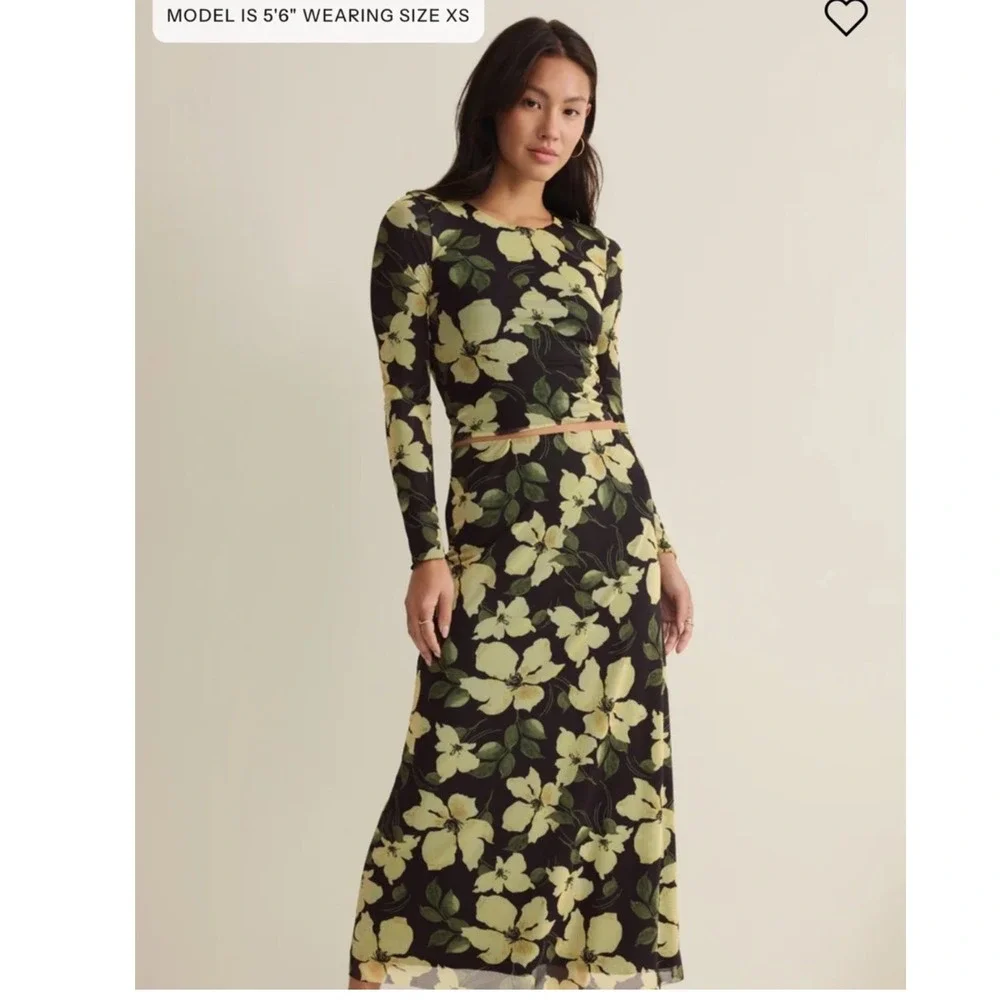 Evereve Z Supply Floral Mesh Two Piece Set Long Sleeve Maxi Skirt Black Yellow